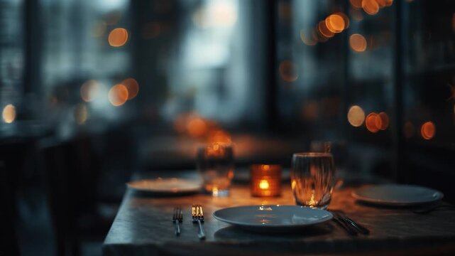 A dimly lit table setting with glowing bokeh lights in the background