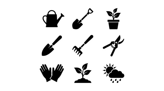 Gardening Icons Set: Watering Can, Shovel, Rake, Plant, Gloves, Pruners, Weather