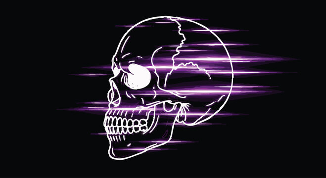 Neon skull side illustration with purple glow and motion lines on black background