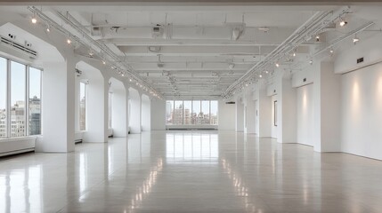 Fototapeta premium Spacious, light-filled industrial loft studio with large windows and city views, perfect for events