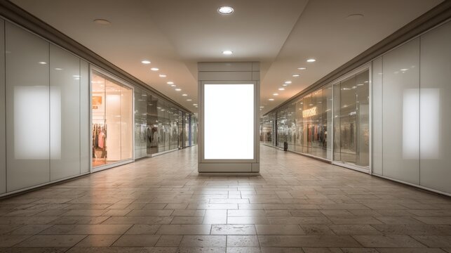 Blank digital billboard inside a modern shopping mall atrium, offering advertising space