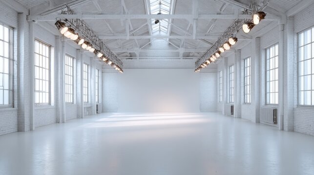 Bright and spacious industrial loft studio with abundant natural light and professional lighting rig