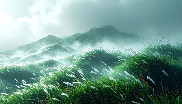 Rolling green hills shrouded in mist with sunlight breaking through dramatic clouds, pixelated texture effect
