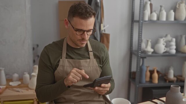 Man in apron holds a card reader and makes a fist pump while smiling amid pottery shelves in a ceramics studio; joy success.