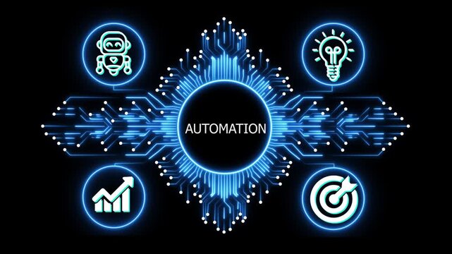 automation logo on glowing circuit board network, connected business icons for finance, analytics, partnership, growth and innovation on black background