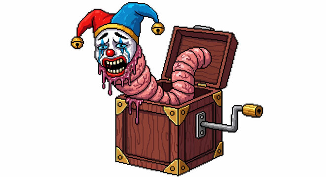 Creepy Clown Worm Emerging from Jack in the Box.
