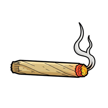 Light tan marijuana joint with a glowing red ember and wispy smoke, black outlines, on white in a vector flat design, clean commercial icon concept