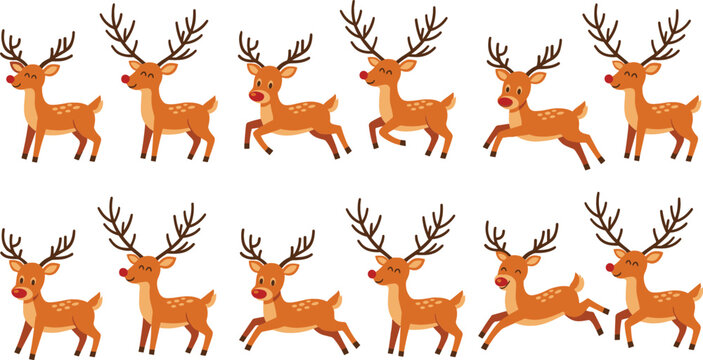 Cute reindeer characters in different poses with red nose and antlers in cartoon vector style for Christmas design, holiday decoration, and festive illustration