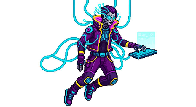 Cyberpunk character with glowing neon accents in motion.