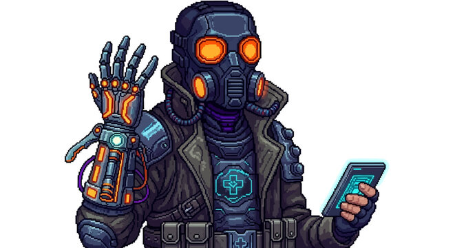Cyberpunk character with robotic arm holding a smartphone.