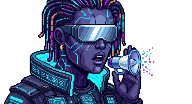 Cyberpunk character with VR headset speaking into megaphone.