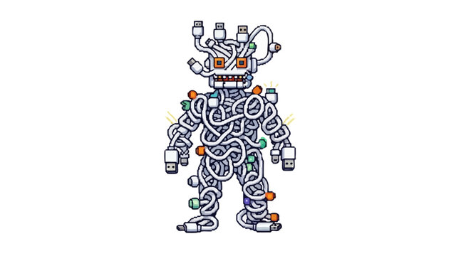 Creepy Robot Character Made Entirely of Wires and Cables.