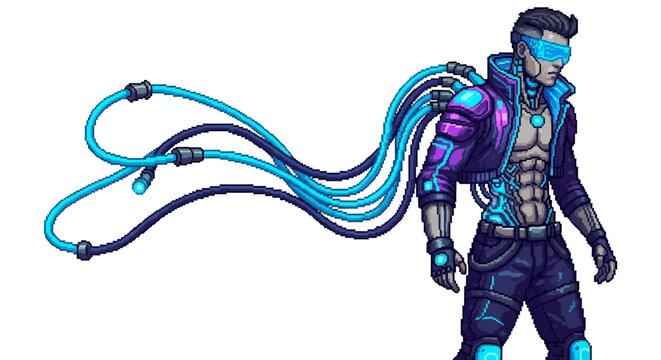 Cyberpunk Man with Blue Neon Wires and Futuristic Attire.