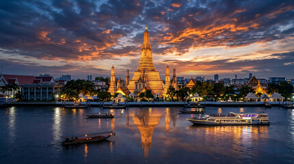 Fototapeta premium Wat Arun temple Bangkok illuminated brilliantly at night with boats on the Chao Phraya River, dramatic fiery orange and purple sunset sky.