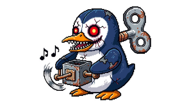 Creepy Wind-Up Toy Penguin with Scary Eyes and Music Notes.