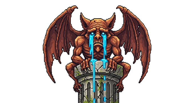 Crying Gargoyle Statue with Bat Wings on Pillar.
