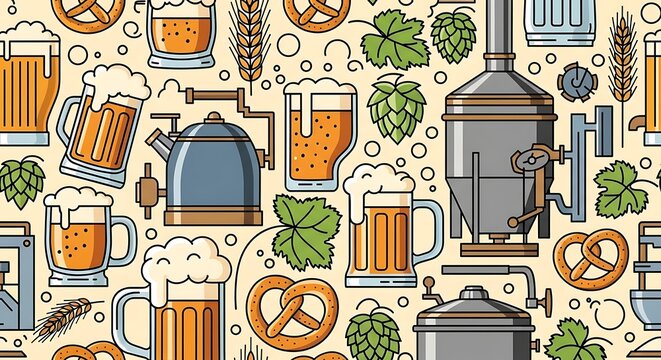 Beer mugs and brewery equipment seamless pattern for various designs