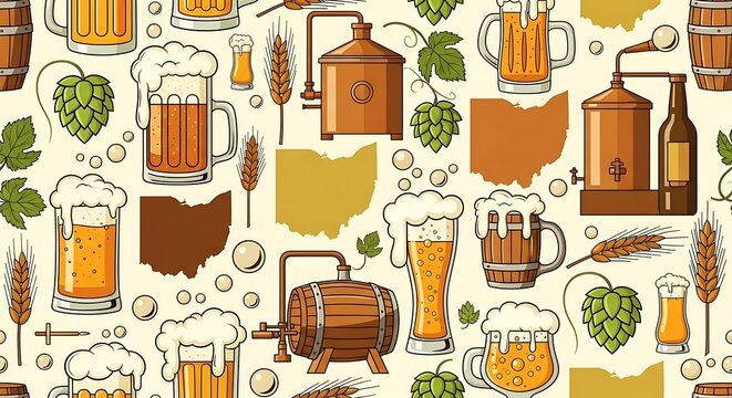 Beer mugs and brewing equipment pattern design for restaurant or bar