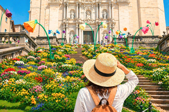 tourist in spring festival flower, temps de flors. Flower festival in spanish city