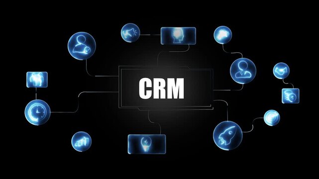 Dynamic crm customer relationship management digital network infographic with glowing connected business and data analytics symbols for corporate marketing and software