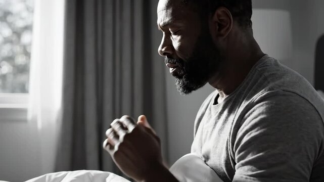 man in bed with hand on head symbolizing modern living and personal growth