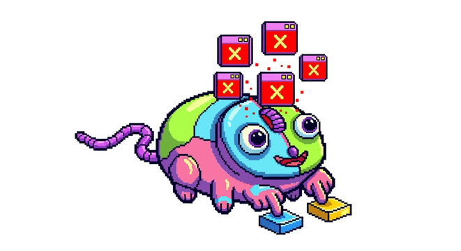Cute Chameleon Creature Pressing Buttons with Error Icons.