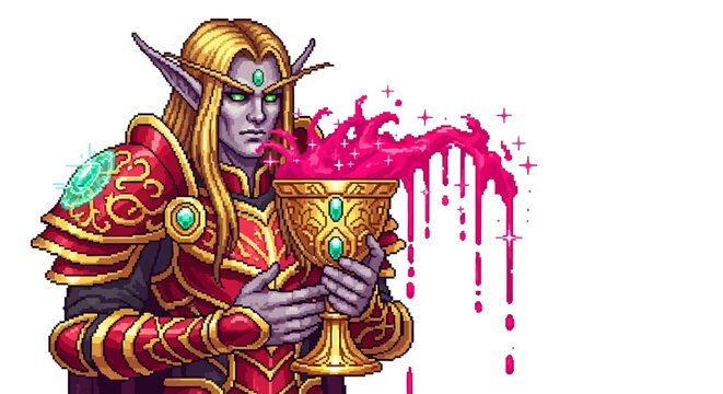 Elf holding a golden chalice with pink liquid.