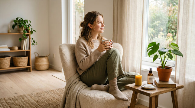 young woman relaxing at home with coffee cozy morning lifestyle