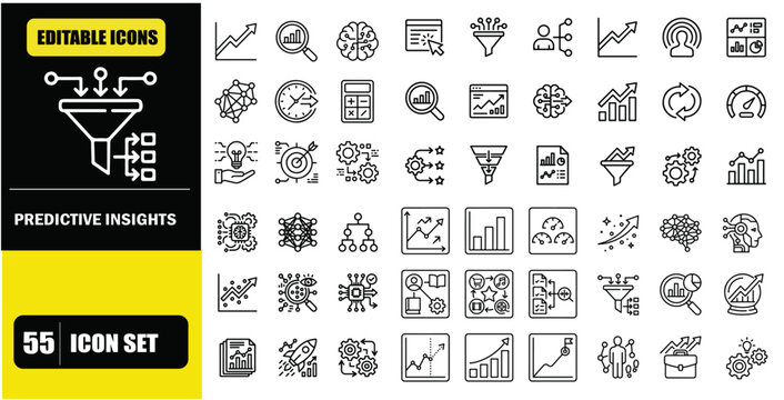 Predictive Analytics and Smart Recommendations Line Editable Icons Set &ndash; Data Forecasting, Machine Learning Models, Recommendation Engine, User Behavior Analysis, Business Intelligence and AI Driven D