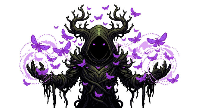 Dark hooded figure with glowing purple butterflies.
