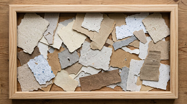 Assorted torn handmade paper scraps in neutral tones &mdash; white, beige, gray, tan &mdash; layered flat inside a light pine wooden frame on wood.