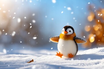 Obraz premium Cute Penguin Standing on Snowy Surface with Soft Snowfall Under Clear Blue Sky in Winter Landscape