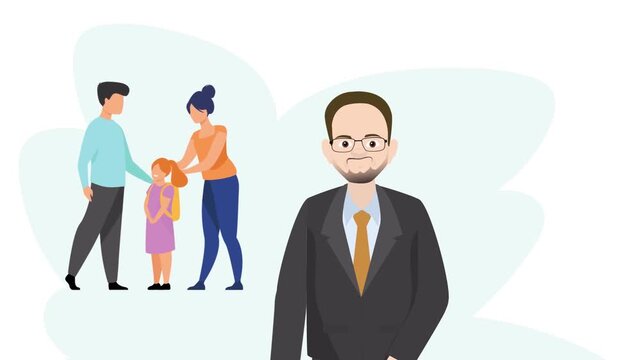 Confident businessman portrait with people in background, leadership and success concept, corporate identity animation scene
