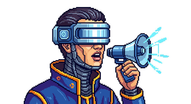 Futuristic Man with VR Headset and Megaphone Announcing News.