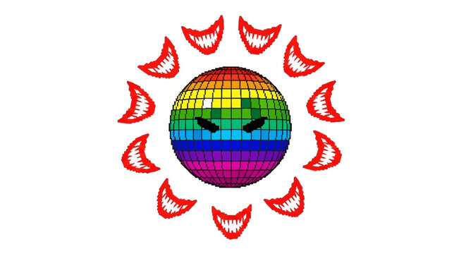 Evil Rainbow Disco Ball Surrounded by Spiky Red Fangs.