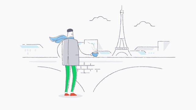 Tourist pointing at Eiffel Tower in Paris, travel destination concept, sightseeing and vacation animation scene