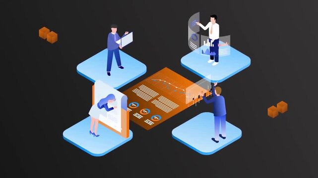 Blockchain technology concept with connected devices and users, decentralized network, digital innovation animation