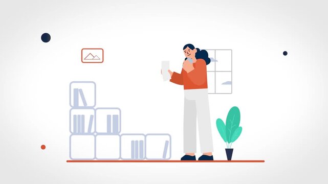Woman taking pictures using smartphone indoors, digital communication, social media activity, modern lifestyle animation scene
