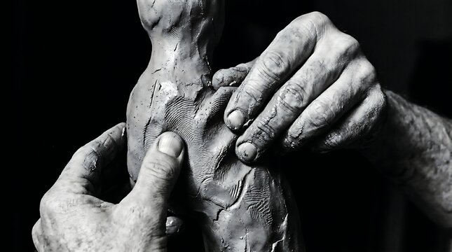 Close-up black and white shot of a person's hands sculpting a clay figure against a dark background.