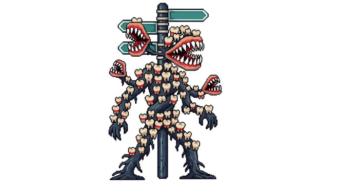 Monster made of teeth with signposts.