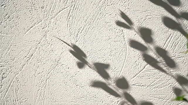 Wide video of a light-toned, finely textured wall, with soft, swaying foliage shadows under diffused daylight, creating a serene, minimalist background for overlays. Natural elegance concept