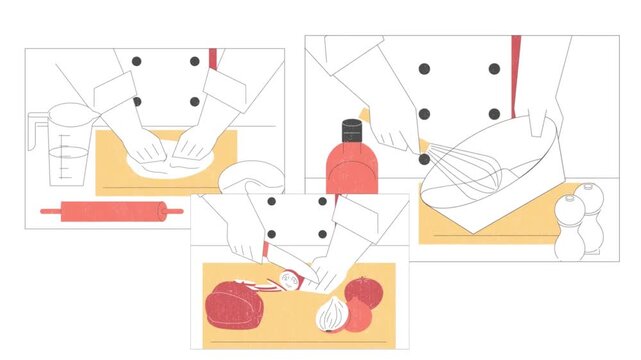 Step by step cooking process illustration, recipe preparation, ingredients and kitchen workflow animation