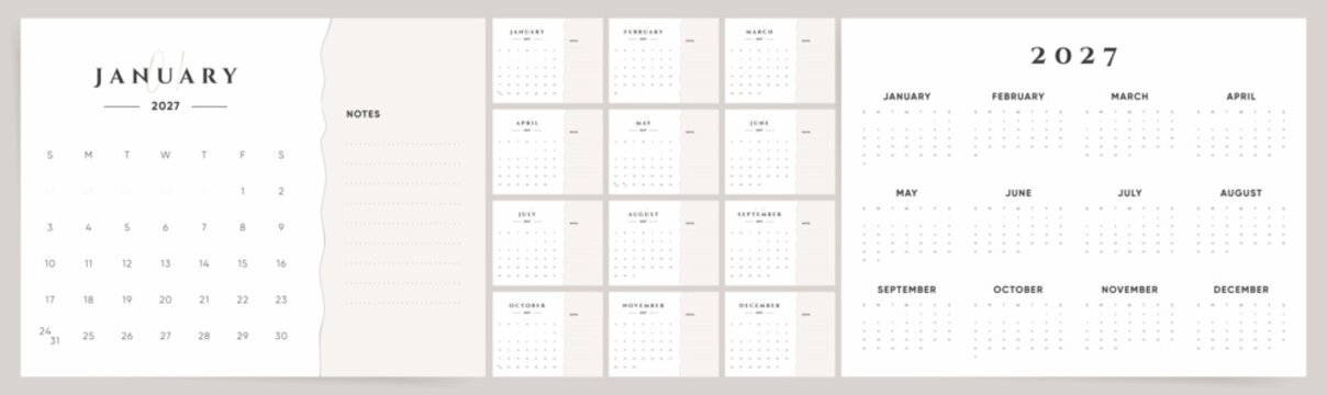 Calendar 2027 week start Sunday beige elegant horizontal design with wavy divider and notes template.