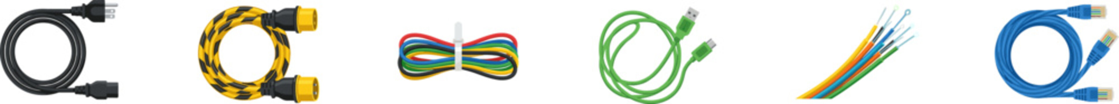 Collection of various power, data, and fiber optic cable vector icons.
