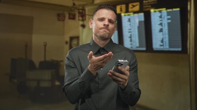 Young man holding smartphone with palm raised to mouth while checking flight board in airport; travel frustration.
