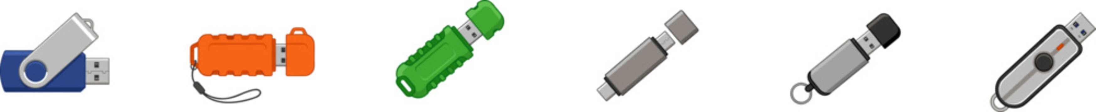 Set of colorful USB flash drives for portable data storage vector.