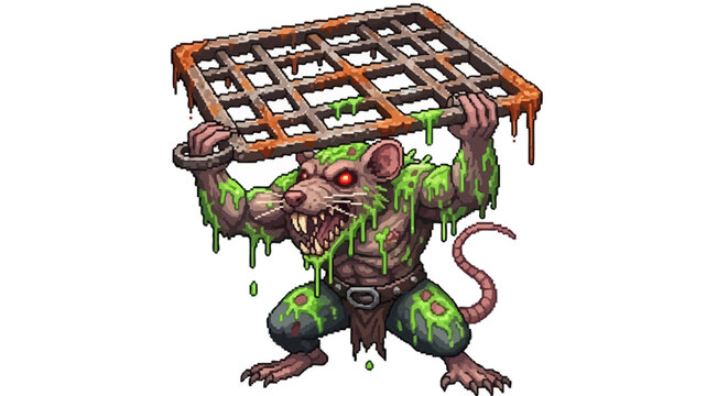 Mutated Rat Monster Holding Grimy Sewer Grate Above Head.