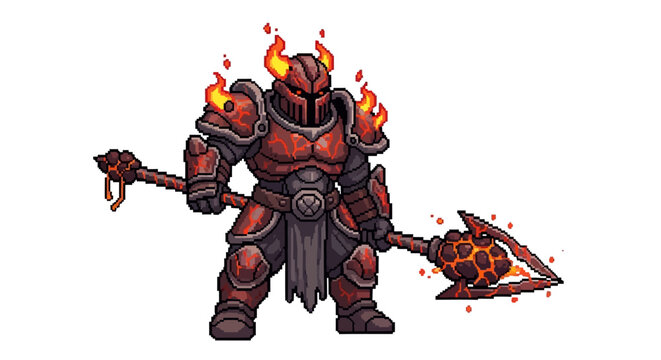 Fiery Warrior Knight Pixel Art Character.
