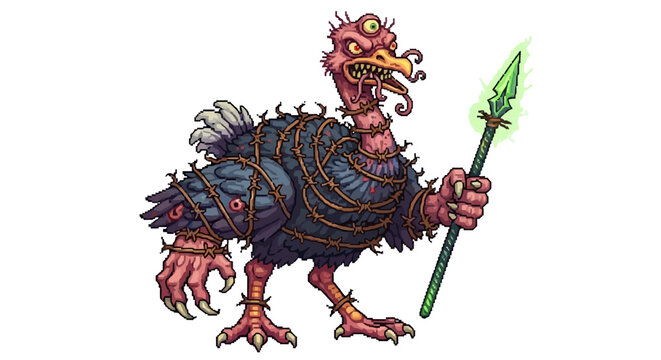 Fantasy Monster Bird Creature Holding Magical Spear.
