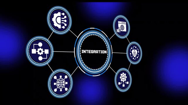 Integration concept with connected digital systems, seamless data flow, workflow automation and modern technology infrastructure visualization design.